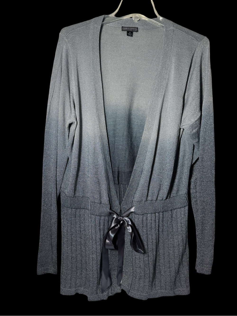 Pamela Dennis Silver Fade Shimmery Open Front Cardigan with Satin Tie